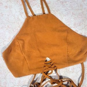 Tan Brown Suede Crop Top Halter Boho Summer